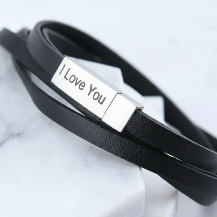 Cairo Leather & Stainless Steel Mens Bracelet - Black - Image 10