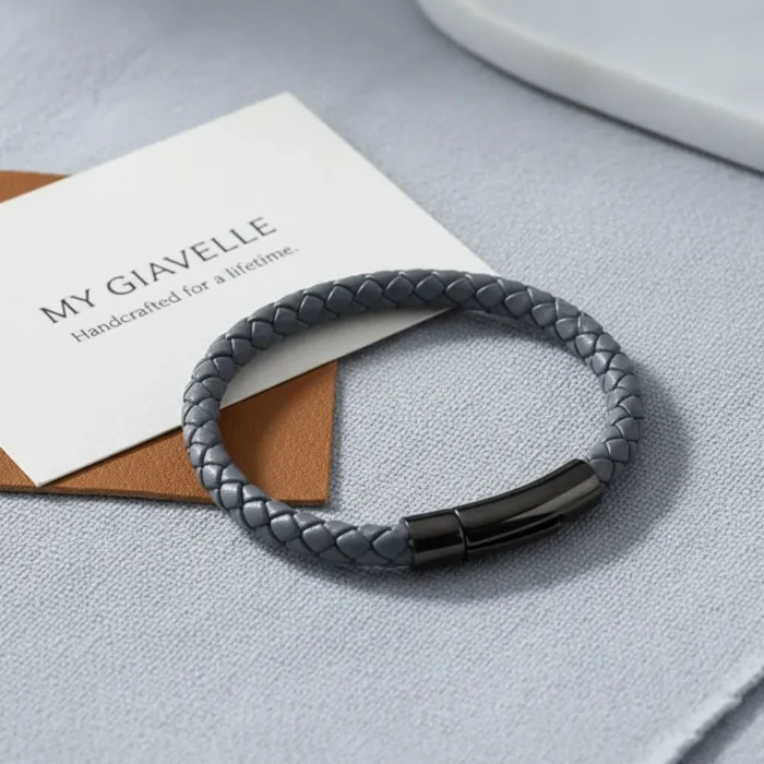 Venice Leather Stainless Steel Mens Bracelet - Grey - Image 4